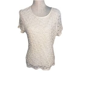 Calvin Klein Women's Textured Stretch Lace Overlay Logo Hem Cream Blouse Size L